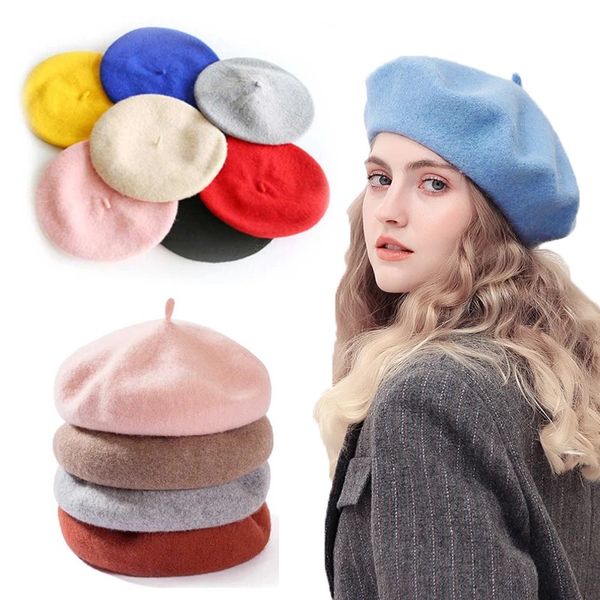 

beret hat female wool french beret caps vintage party painter's hats fashion winter autumn woolen berets ear muff 30 colors b00, Yellow