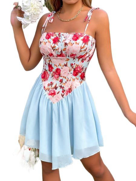 

floral print tie shoulder ruched bust cami dress l5zm#, Black;gray