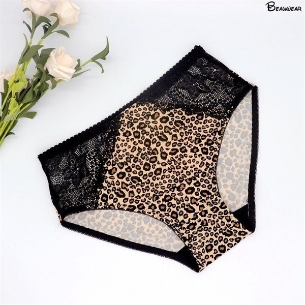 Beauwear cintura média leopardo mulheres roupas curtas calcinhas sexy lace briefs plus size feminino roupa interior lingires para senhoras 220425