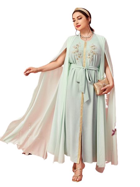 

plus appliques belted cloak sleeve dress j2fd#, Black