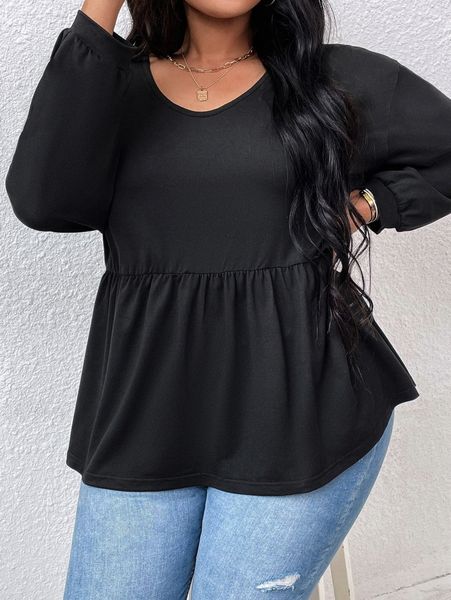 

plus tie back peplum tee 093g#, Black