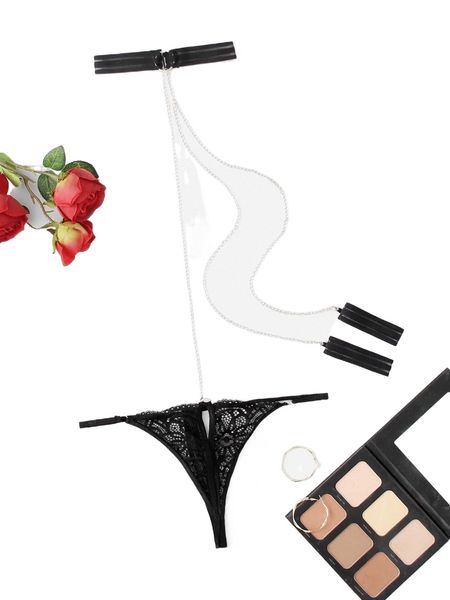 

2pack lace crotchless thong with choker w1l0#, Black;red