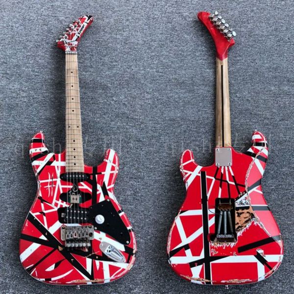 Chitarra elettrica Edward Eddie Van Halen Black White Stripe Red Heavy Relic Manico in acero Floyd Rose Tremolo Locking Nut Corpo in legno di mogano