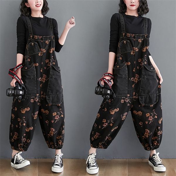 

loose jeans black jumpsuit women casual oversized baggy ladies pants big pockets print floral denim overalls straps jean rompers 220713, Black;white