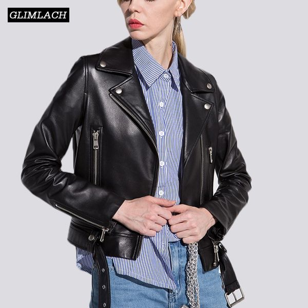 

women sheepskin genuine leather jackets autumn winter slim motorcycle real leather coats with belt biker jackets chaqueta mujer 201030, Black