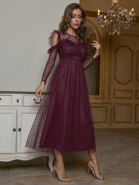 

floral embroidery ruffle trim cold shoulder polka dot mesh dress v2b4#, Black;gray