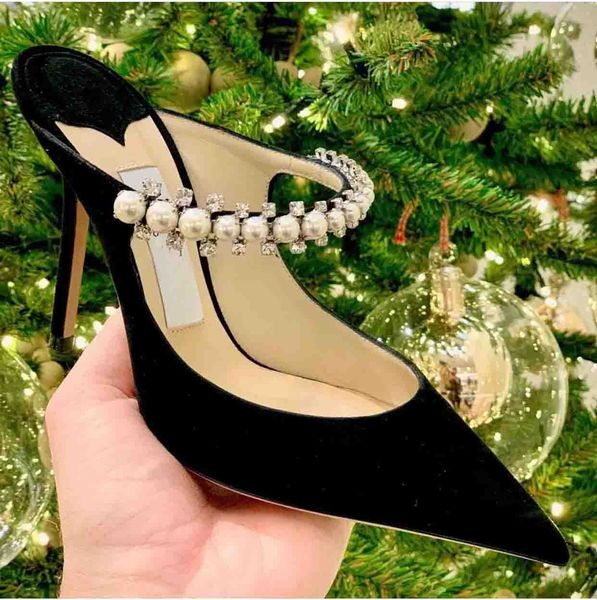 

2022 elegant designer high heel sandals wedding party dress stiletto ankle strap pearls and rhinestones women's high heels pointed toe, Black
