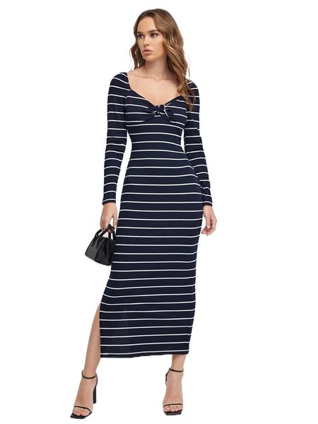 

knot front split side striped dress t5o7#, Black;gray