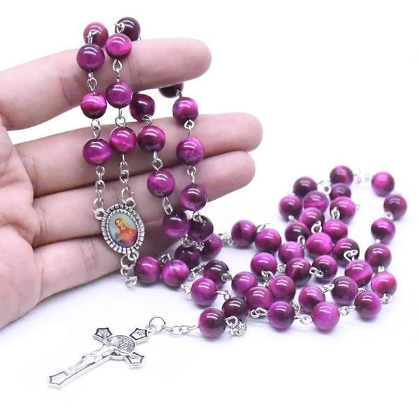 Подвесные ожерелья Virgin Plum Red Natural Tiger Eye Stone Cresess Cross Rosary Sunglace молитвенные бусинки христианская церковь.