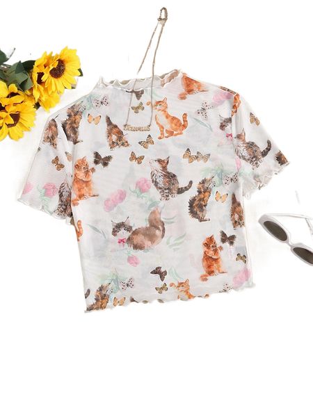 

cat & butterfly print lettuce trim mesh c0bv#, White