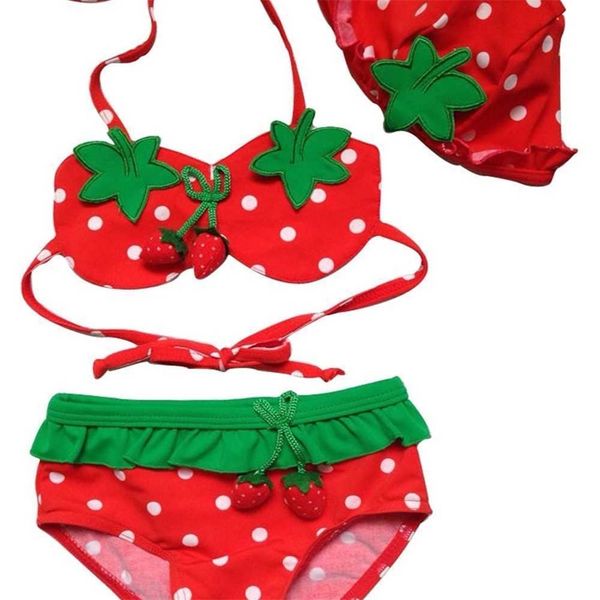 

cartoon strawberry pineapple pattern girls swimsuit bikini swimsuit set with bucket hat swimwear cute kids baby princess beach pool clothing, Blue