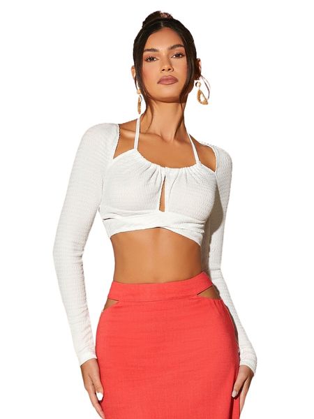 

cut out tie back crop tee q6nl#, White