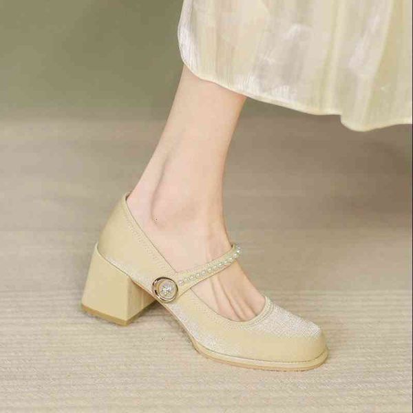 

dress shoes designer luxury spring mary jane shoes square head thick heel single women's fashion beaded one-line buckle high-heeled sma, Black
