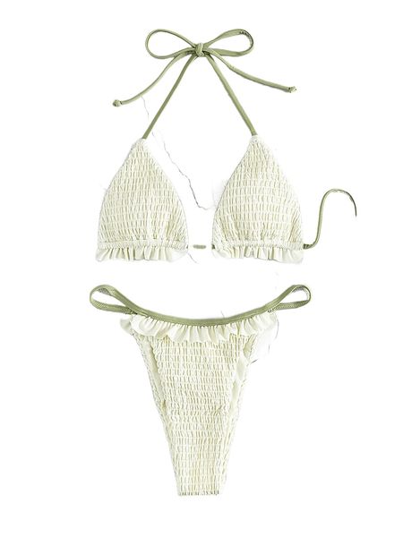 

smocked frill trim bikini swimsuit x3bl#, White;black