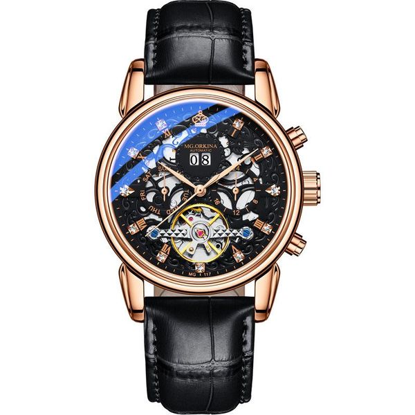 

wristwatches ouqina six pin multifunctional automatic mechanical watch fashion men's calendar belt sports factory wholesalewristwatches, Slivery;brown