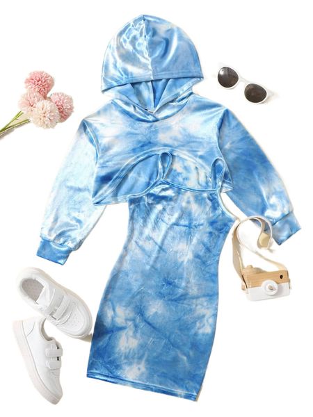 

toddler girls tie dye hoodie & cami dress q2ld#, Black;white