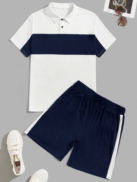 

men colorblock polo shirt & shorts v3xl#, Gray
