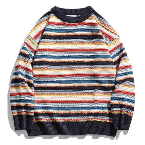 

sweater harajuku jumper oversize hip hop streetwear rainbow stripes knitted sweater men women casual loose pullover outwear t220730, White;black
