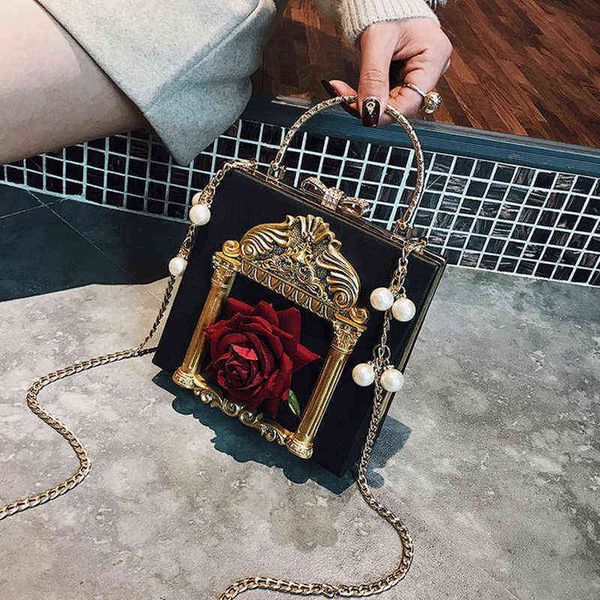 

women rose flower clutch bag diamond bow lock evening vintage chic metal handle design pearl chain handbag purse x799h 220526