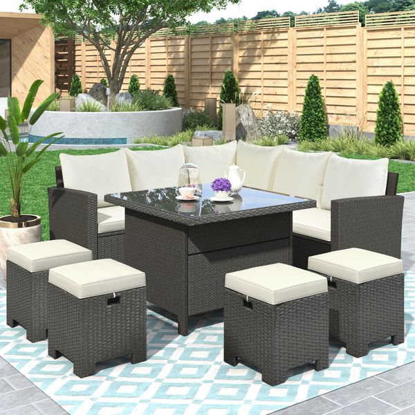 

new modern patio furniture set 8 piece outdoor conversation set dining table chair with ottoman cushions 2022