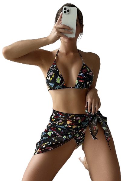 

3pack allover geo graphic triangle bikini swimsuit & beach skirt d3zq#, White;black