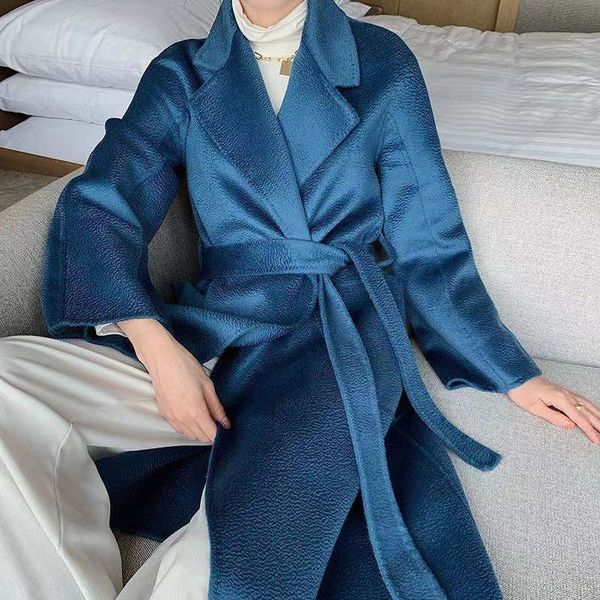 

selling designer coat luxury brand max water ripple double sided cashmere jacket classic lace-up coats loose autumn winter, Black