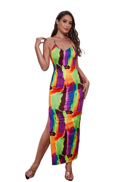 

brush stroke print crisscross backless split thigh dress k6wc#, Black;gray