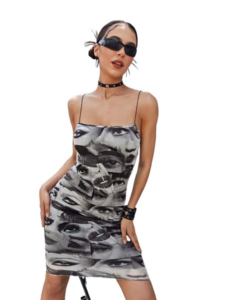 

figure graphic mesh bodycon dress 96pp#, Black;gray