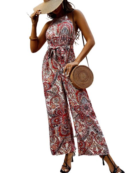 

floral & paisley print tie backless belted halter jumpsuit b1rz#, Black;white