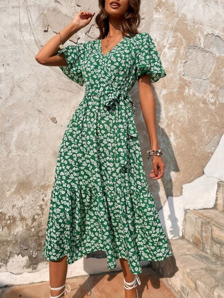 

ditsy floral butterfly sleeve ruffle hem belted dress q9sq#, Black;gray