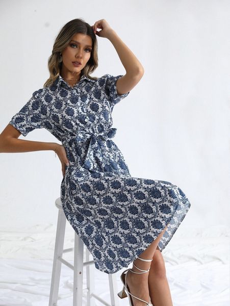 

self belted floral shirt dress 62mo#, Black;gray