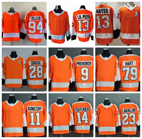 Mi08 Mens Orange 94 Райан Эллис Лил #13 Хейс Пейп Хоккейные майки 9 Проворов 23 Lindblom 28 Giroux 11 Konecny ​​14 Couturier 79 Hart Home Stitched Рубашки S-XXXL