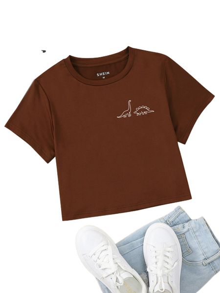 

dinosaur print round neck tee a8l5#, White