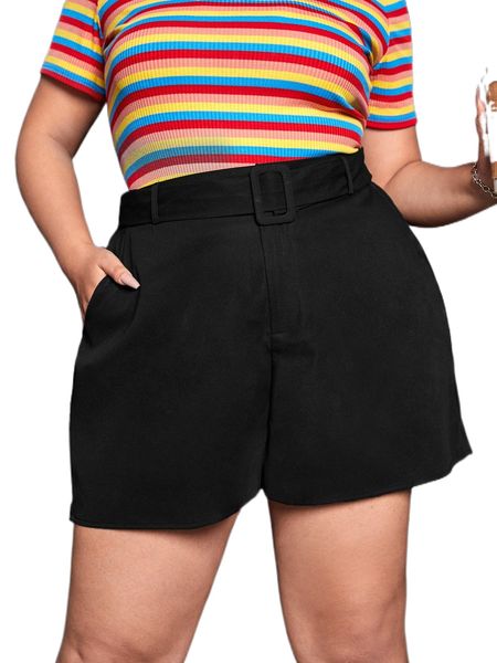 

plus solid slant pocket belted shorts a8hb#, Black