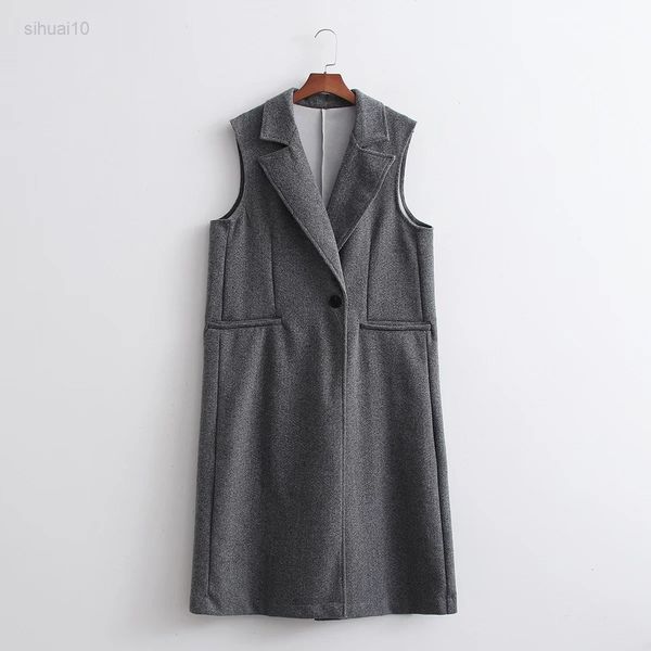 

2022 new oversized one button casual faux wool coat autumn winter women sleeveless vest female faux wool long overcoat l220725, White