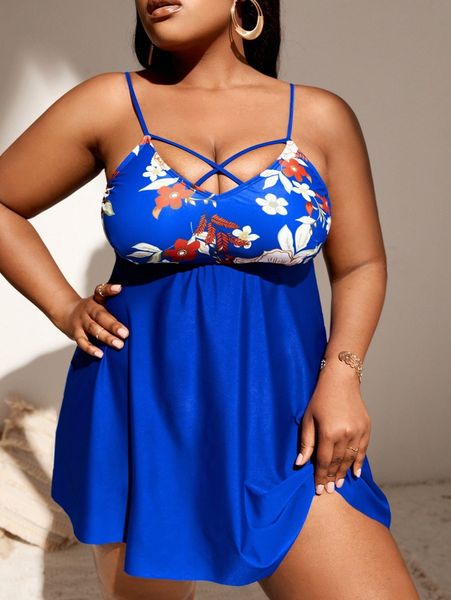 

plus floral print cross front swim dress with bikini bottom b8rh#, White;black