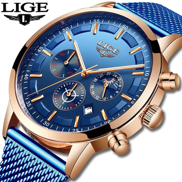 Relogio Masculino Lige Luxury Quartz Watch For Men Blue Dial Watches Sports Watches Lua Fase Cronógrafo Mesh Mesh Pulso Relógio T200113