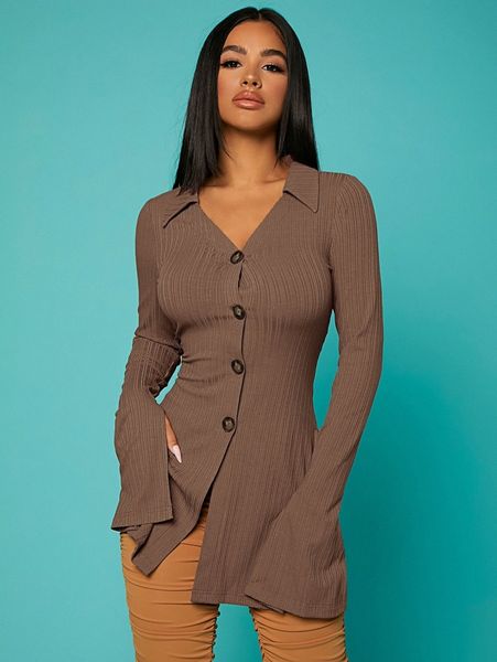 

sxy ribbed knit split sleeve button up i5ih#, White