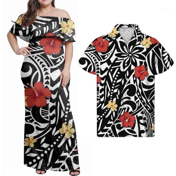 Vestidos Casuais Hycool Moda Plus Size Polinésia Projeto Tribal Puletasi Ruffle Off Dress Homens Hawaiian Camisa Preto Verão 2022