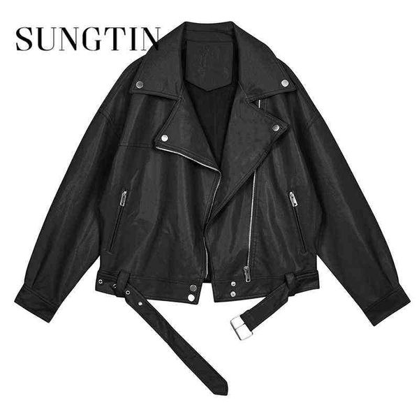 

sungtin loose pu leather jacket women with belt black soft faux leather jacket street moto biker leather coat jacket outerwear l220728