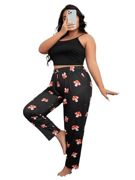 

plus mushroom print bow detail pj set l1w9#, Black;white