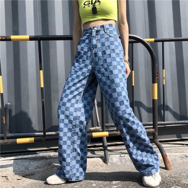 

autumn jeans plaid pants plaid personality hip hop female wide leg fashion harajuku bf vintage lattice punk fun 210608, Blue