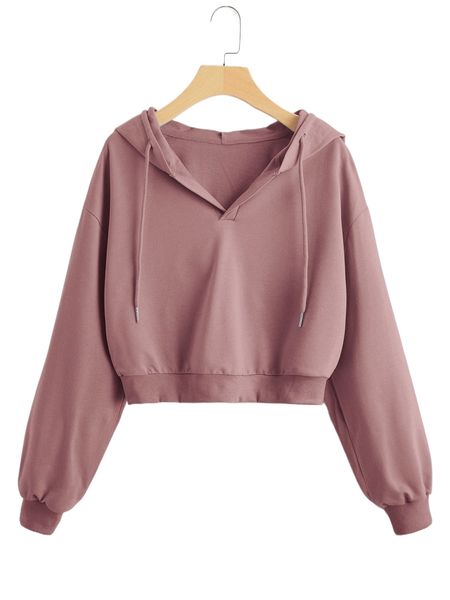

drop shoulder drawstring crop hoodie v2nx#, Black
