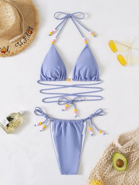 

bead decor lace up micro triangle bikini swimsuit a2g0#, White;black