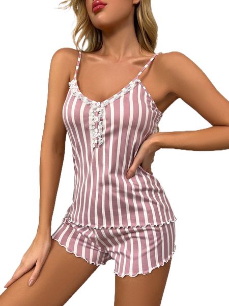

two tone striped lace detail lettuce trim cami & shorts pj set a29c#, Black;red