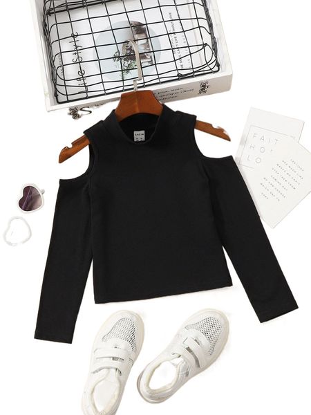 

toddler girls cold shoulder solid tee t70b#, Black;white