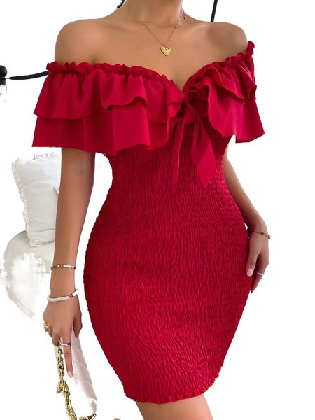 

tie front off shoulder ruffle trim shirred bodycon dress w7my#, Black;gray