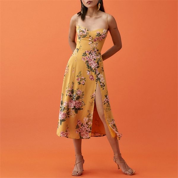 

dresses for women party elegant floral vintage midi dress side high slit strap dress chiffon summer sundress 220516, Black;gray
