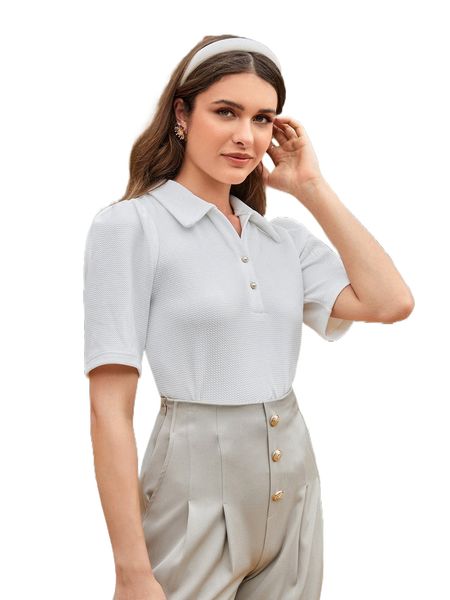 

solid puff sleeve polo shirt b8qv#, White