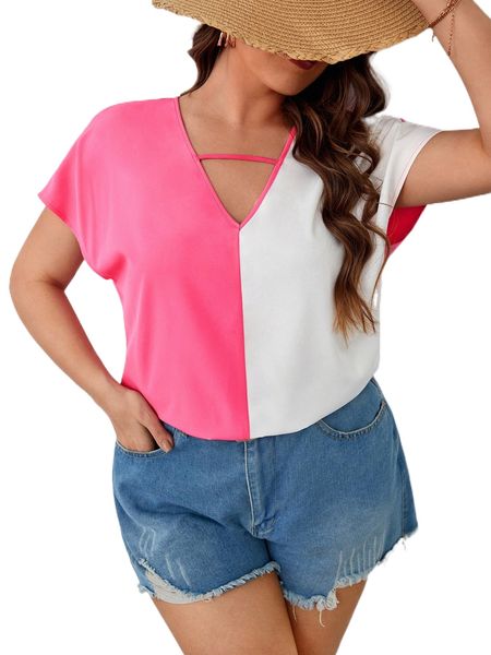 

plus two tone dolman sleeve keyhole neck blouse w48v#, Black